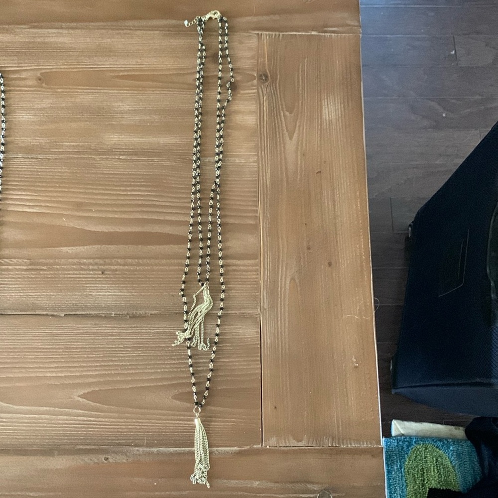 Double Gold / Black Beaded Tassel Necklace
